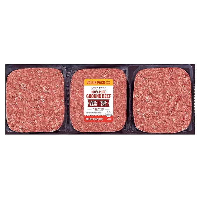 Amazon Grocery, Ground Beef, 80% Lean/20% Fat, 3 lb (Pack of 3) (Previously Fresh Brand, Packaging May Vary)