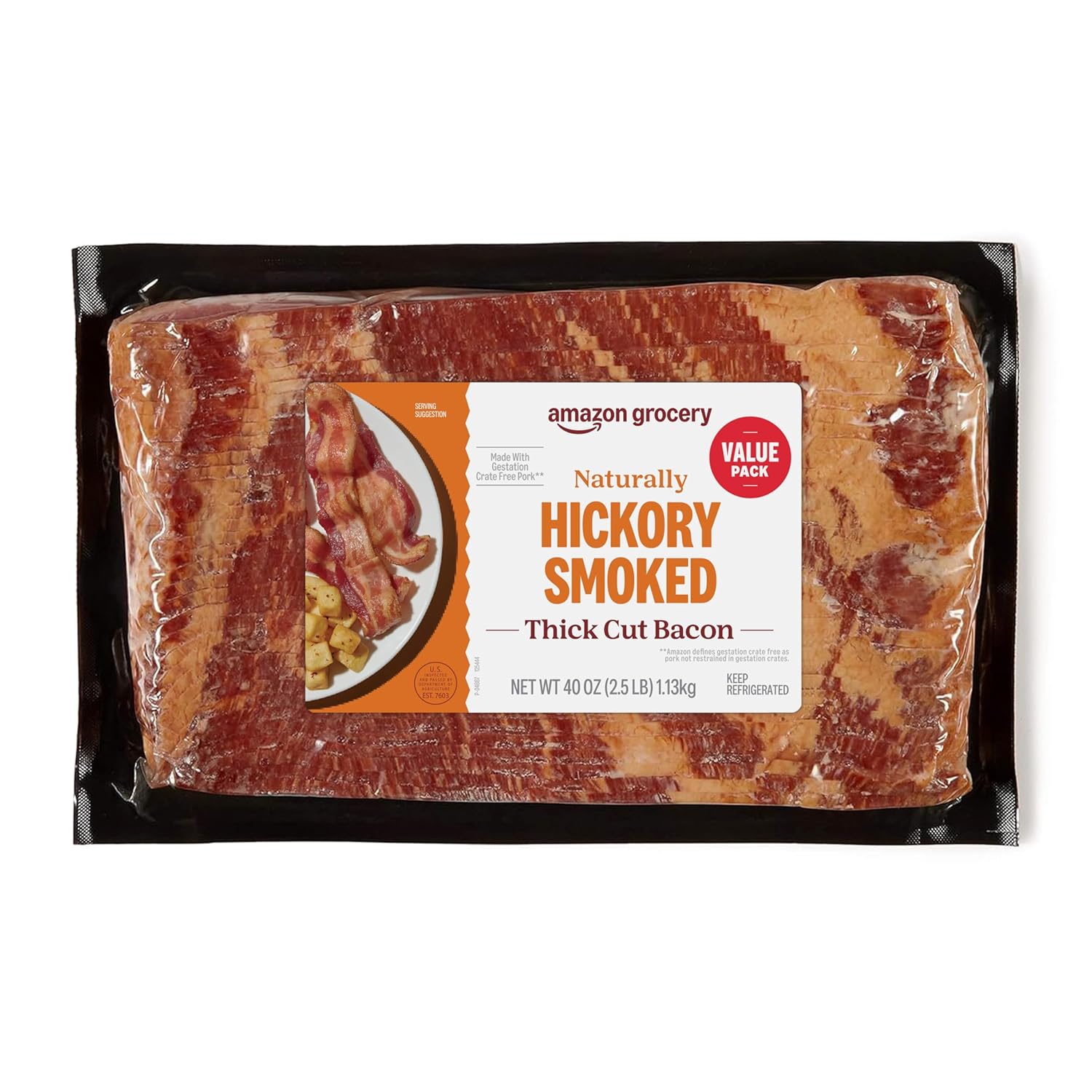 Amazon Grocery, Thick Cut Hickory Smoked Bacon, 40 Oz, Prop 12 Compliant (Previously Fresh Brand, Packaging May Vary)