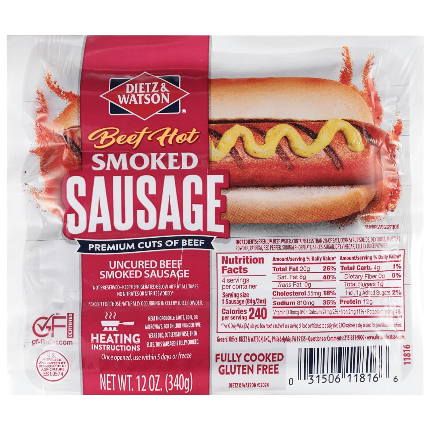 Dietz & Watson Smoked Beef Hot Sausage, 12 oz