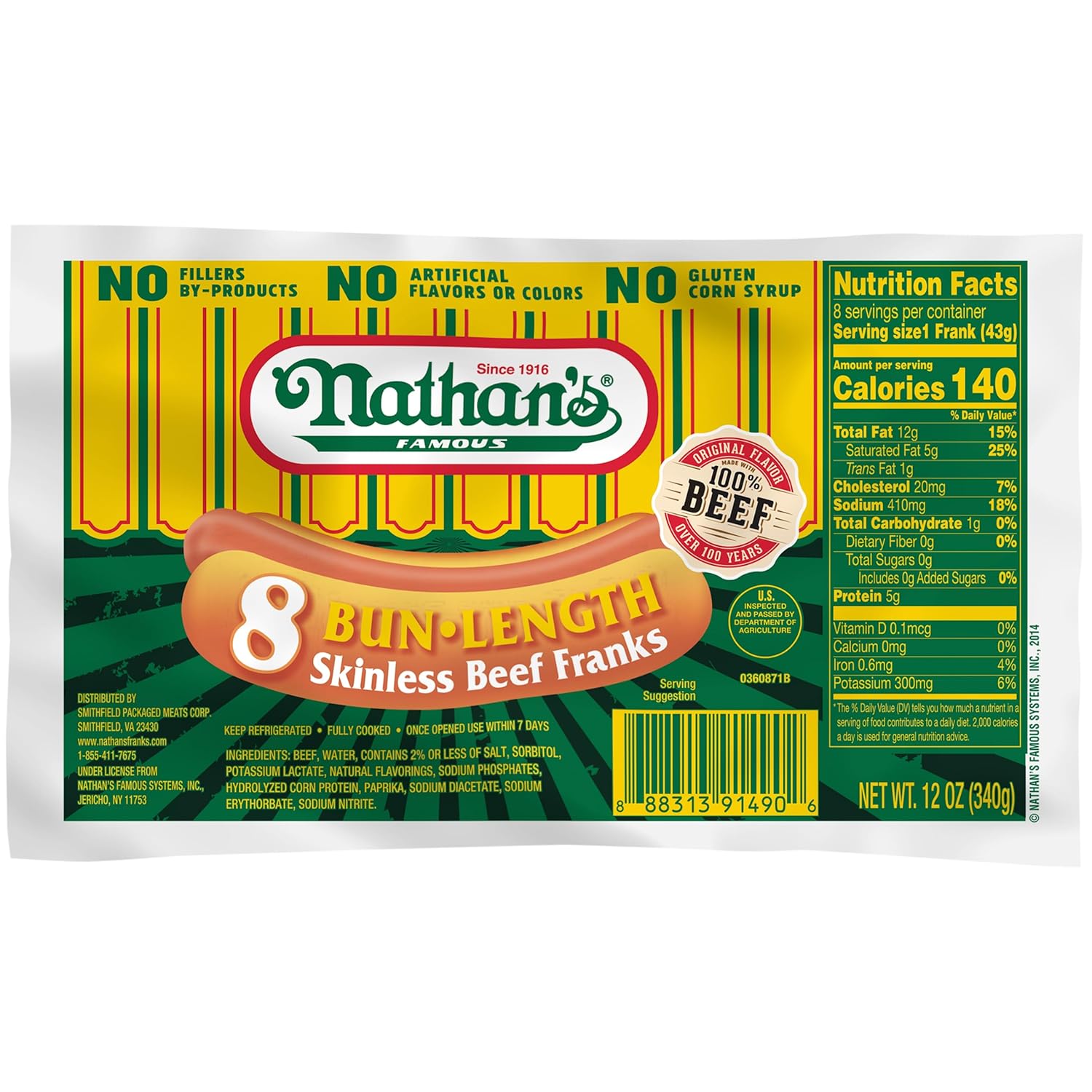 Nathans, 8 Bun Length Skinless Beef Franks, 12 Ounce Brand: Nathan's