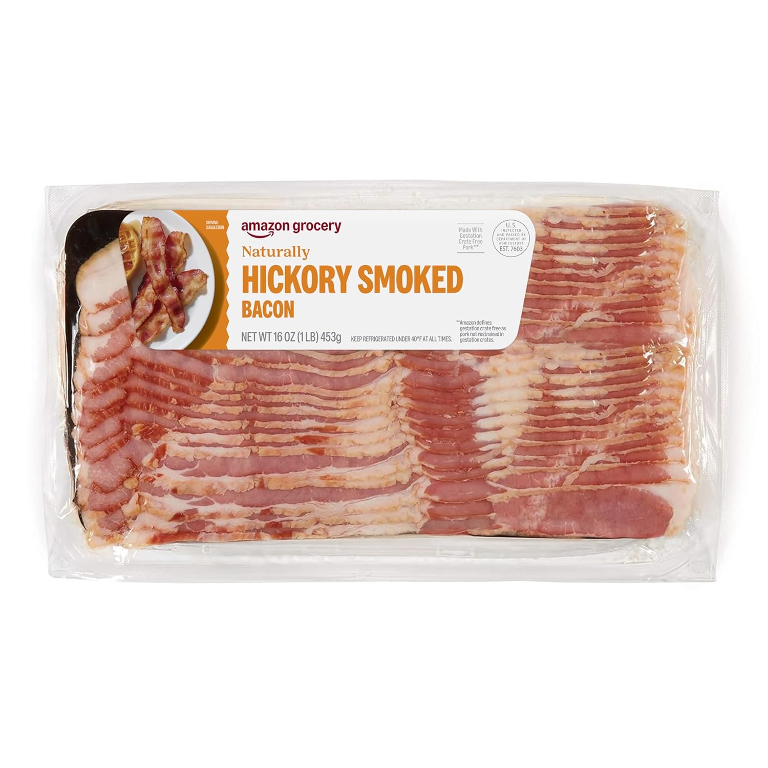 Amazon Grocery, Naturally Hickory Smoked Bacon, 16 Oz, Prop 12 Compliant (Previously Fresh Brand, Packaging May Vary)