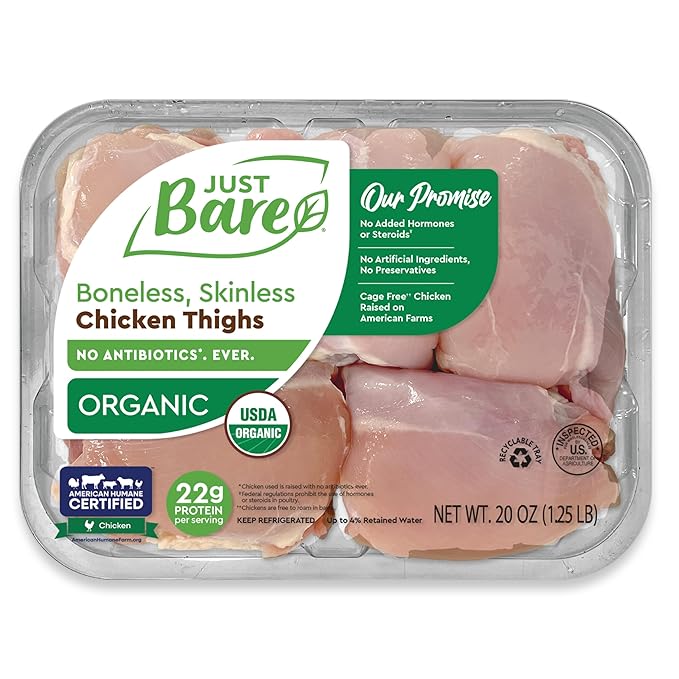 Just Bare® USDA Organic Fresh Chicken Thighs | Antibiotic Free | Boneless | Skinless | 1.25 LB