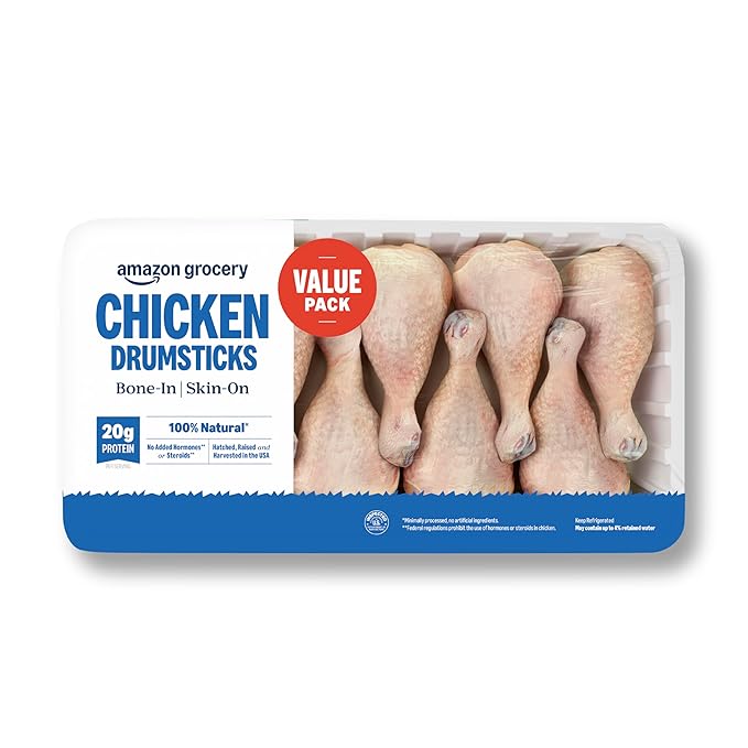 Amazon Grocery, Chicken Drumsticks Value Pack, Bone-In Skin-On, 100% Natural, Weight Varies